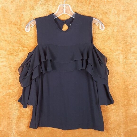 AVEC LES FILLES Womens Top Medium Black Cold Shoulder Keyhole Ruffle - Picture 2 of 9